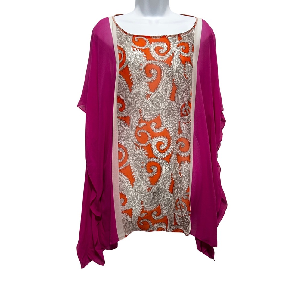 Talbots Woman Boho Paisley Caftan Tunic Top 2X/3X Pink Silk Sheer Chiffon Blouse